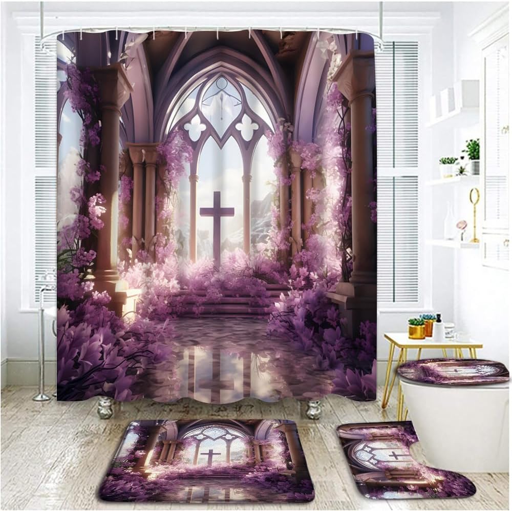 4 Piece Easter Shower Curtain Set with Rugs, Toilet Lid Cover ,European Gothic Architecture Church with Cross Spring Easter Purple Floral Lily Flowers Vine Modern Bathroom Shower Curtain with Hooks