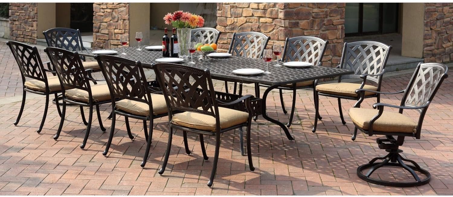 Darlee Ocean View 11 Pc Cast Aluminum Dining Set w/ 92 X 42 Inch Series 30 Extension Table & 2 Swivel Rockers in Antique Bronze/Sesame