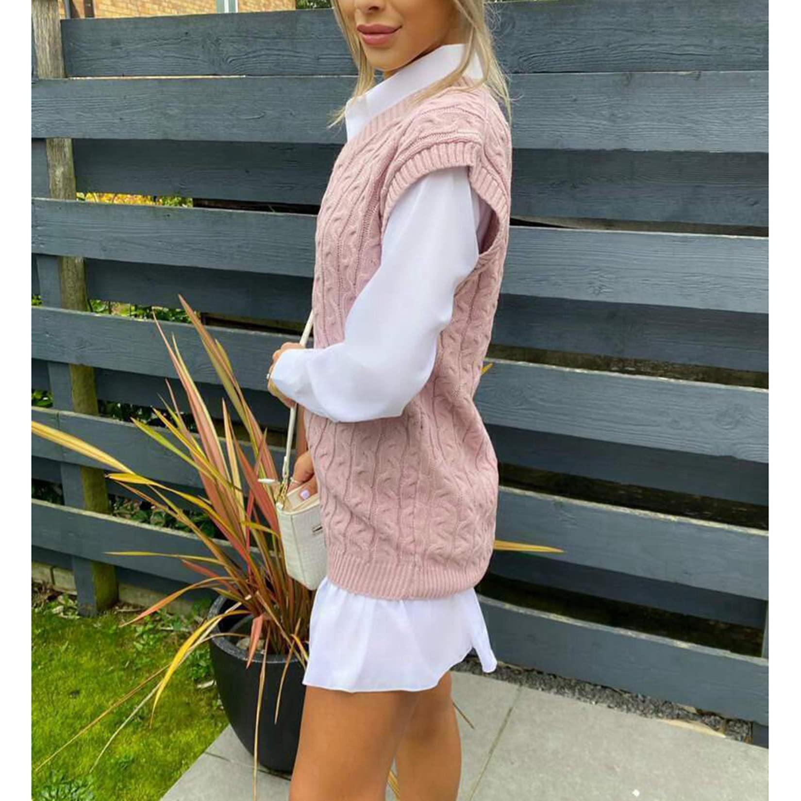 Damski sweter bez rękawów z dekoltem w serek, sweter bez rękawów, gruby warkocz, sweter z dzianiny, sweter z dzianiny, bez rękawów, gruby sweter (różowy XL)
