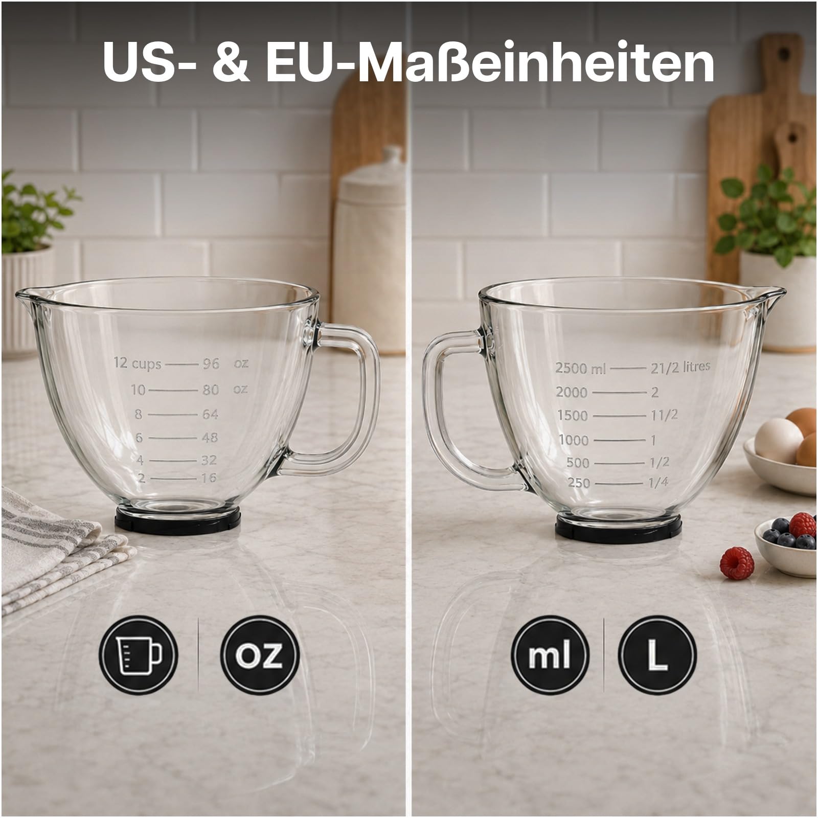 MMOBIEL Rührschüssel aus Glas für KitchenAid 4.3, 4.7/4.8L Artisan & Classic Serie Küchenmaschinen Zubehör 4.8L Glasschüssel mit Griff, Ausguss & Messmarkierungen – Nur Handwäsche