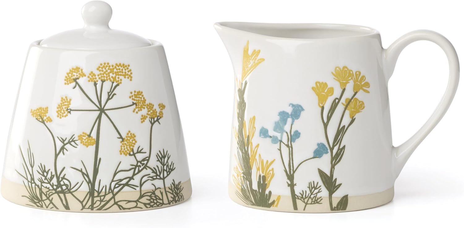 Lenox Kitchen And Dining, Wildflowers 2-Piece Sugar And Creamer Set, Stoneware Material, Dishwasher & Microwave Safe, Kitchen Essentials, Home (White, 2 Pieces, 8 Oz Capacity Sugar Bowl & Creamer)