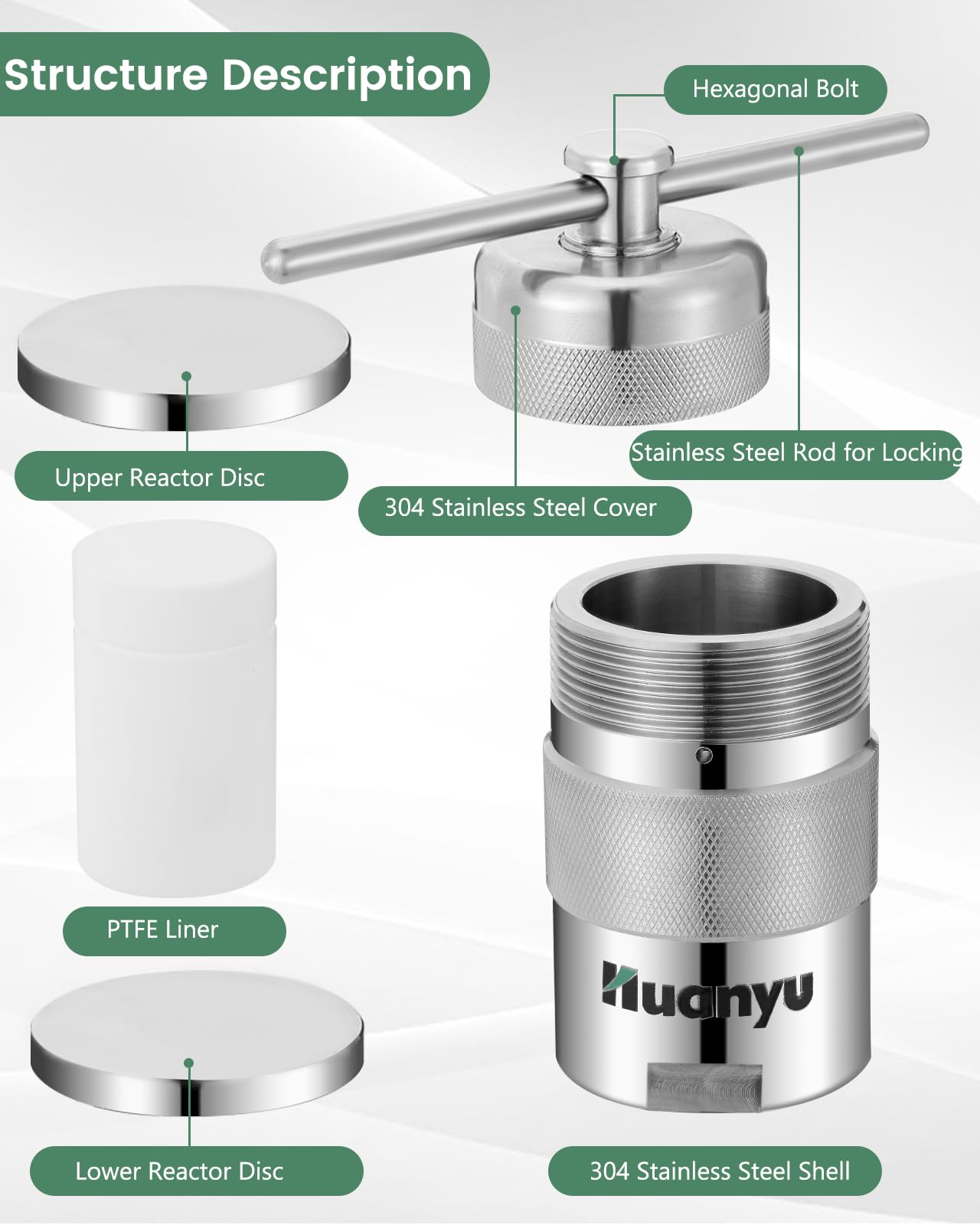 Huanyu 220°C 6MPa Autoklavenreaktor Hochdruck Hydrothermische Synthese Digester 304 Edelstahl für starke Säure, organische Lösungsmittel unlösliche Substanz, 50ml, 1