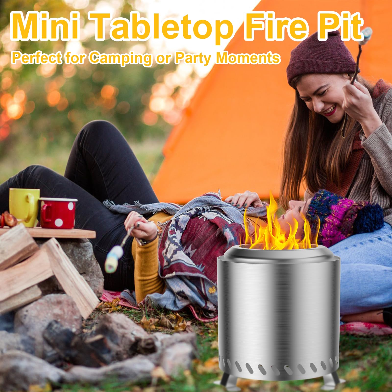 Brasero Exteriores, 22x22x26cm Brasero sin Humo Acero Inoxidable Mini Chimenea de Mesa Cesta para Fuego Barril de Fuego con Soporte Bolsa de Almacenamiento, decoración de balcón terraza jardín