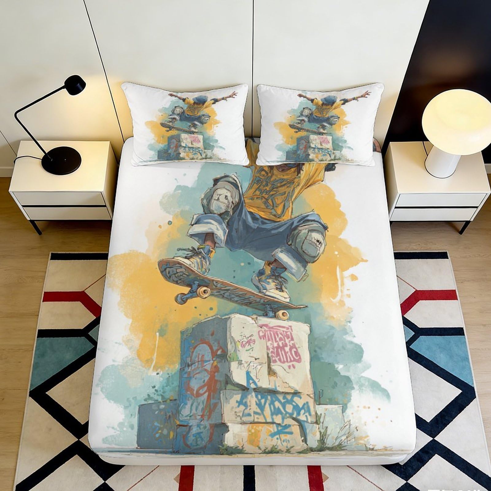 3D Printed Skateboard Graffiti Fitted Sheet Microfiber Non-Slip Mattress Cover for Bedroom Dorm Easy Care Art Decor 120x200x25cm