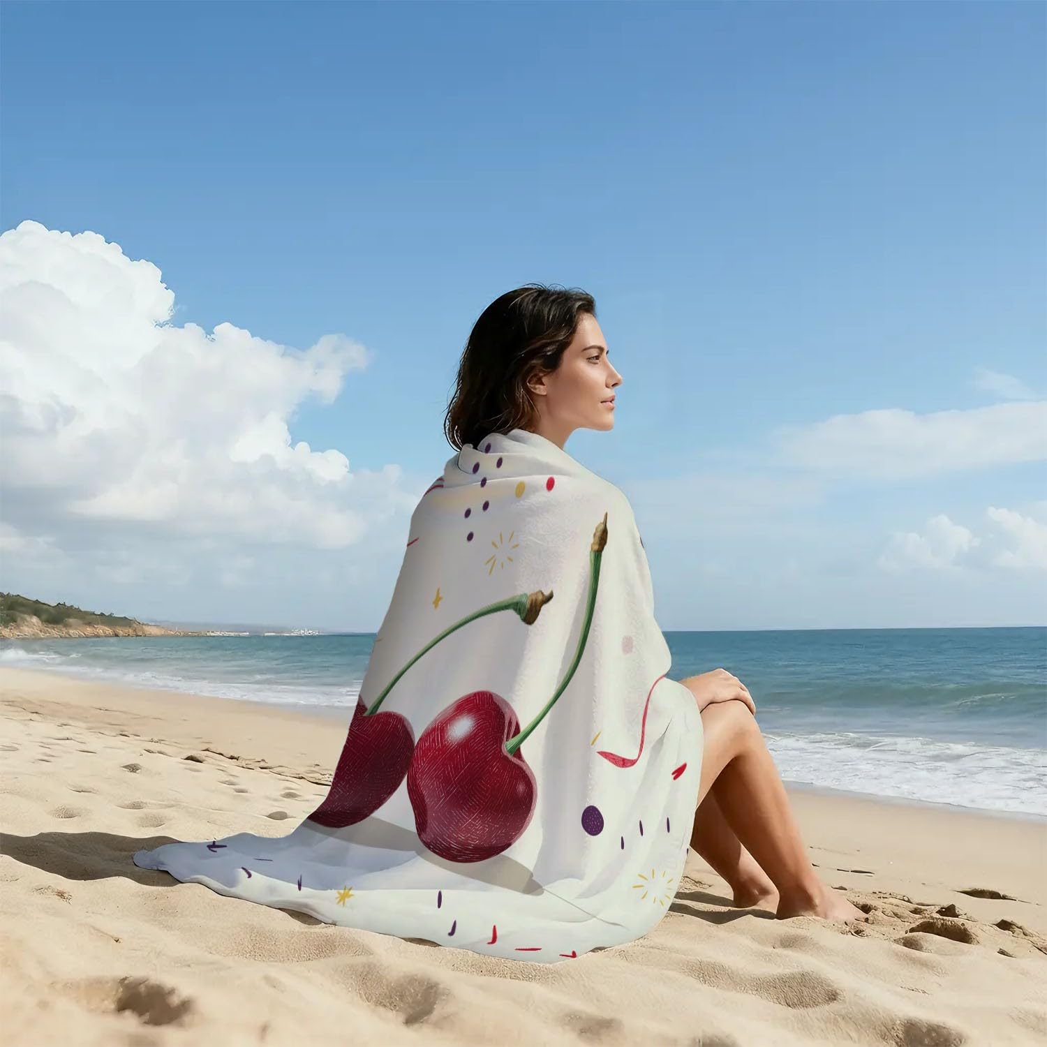 Handgezeichnet Strandtuch 230 x 210 cm - Strandtuch trandtuch Leichtdünn Weich Rote Kirschen, Wellenlinien,für Strand, Pool, Yoga, Picknick