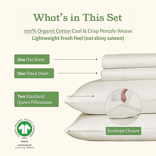 Miniatura 2 de California Design Den Juego de sábanas de percal de 4 piezas 100% algodón orgánico, con certificación GOTS, suaves y refrescantes, con bolsillos
