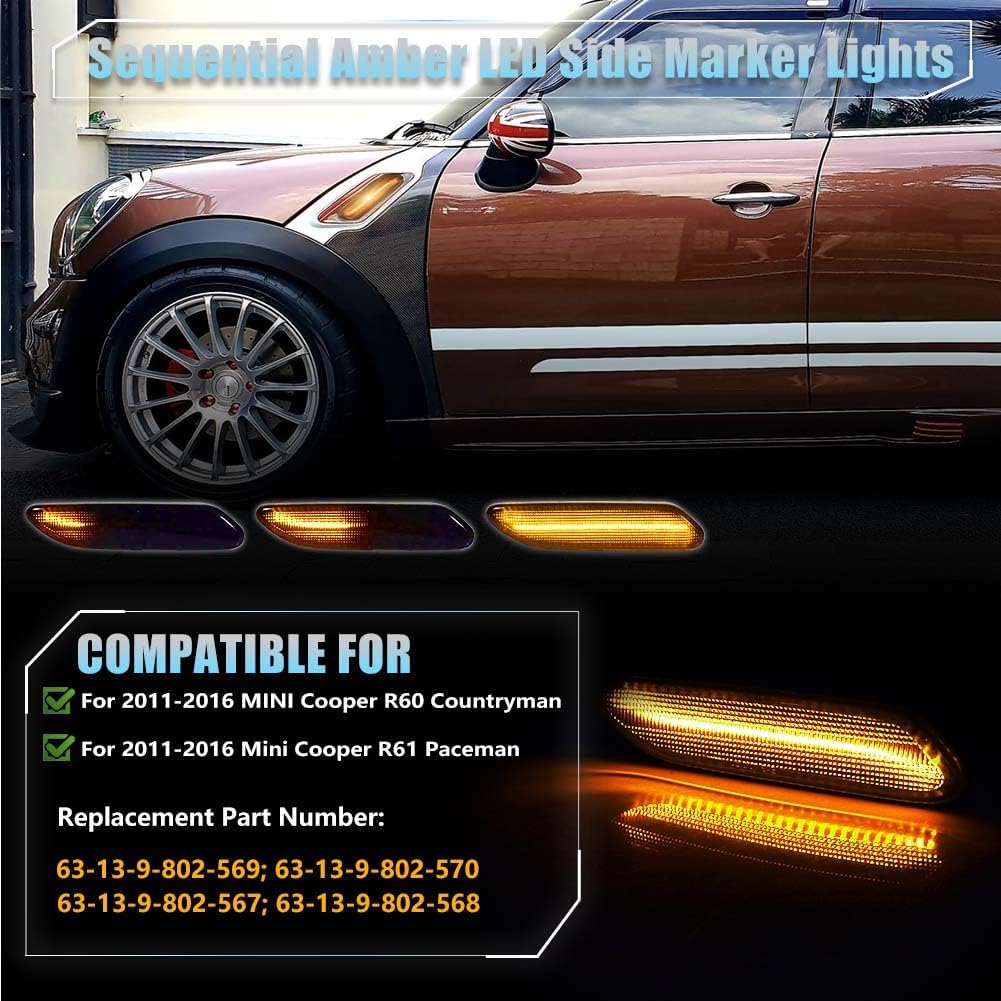 Front LED Side Marker Lights for 2011 2012 2013 2014 2015 2016 Mini Cooper R60 R61 Countryman Paceman, Smoked Lens Side Bumper Marker Lights, Amber LED Turn Signal Lamps, 2 PCS