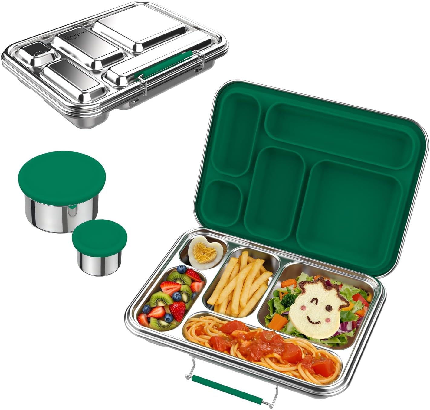 Stainless Steel Bento Box for Adults, 31.6 oz Leakproof 5-Compartments Stainless Steel Lunch Bento Containers, Metal Lunchbox with 2 Container, Dishwasher Safe for Office,Outdoor, BPA-Free Green