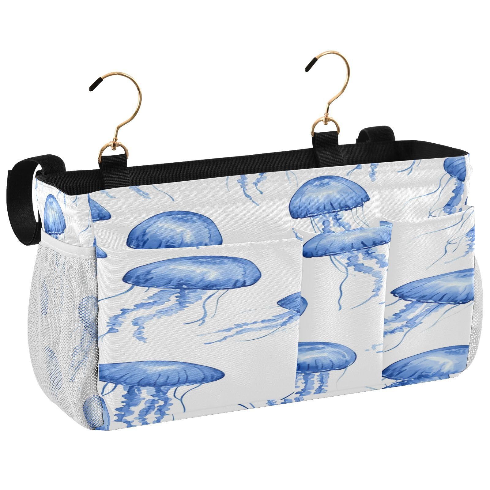 BOESI Watercolor Blue Jellyfish Bedside Storage Hanging Bag, Hanging Storage Basket, Suitable for Storing Cell Phones, Water Bottles, Books
