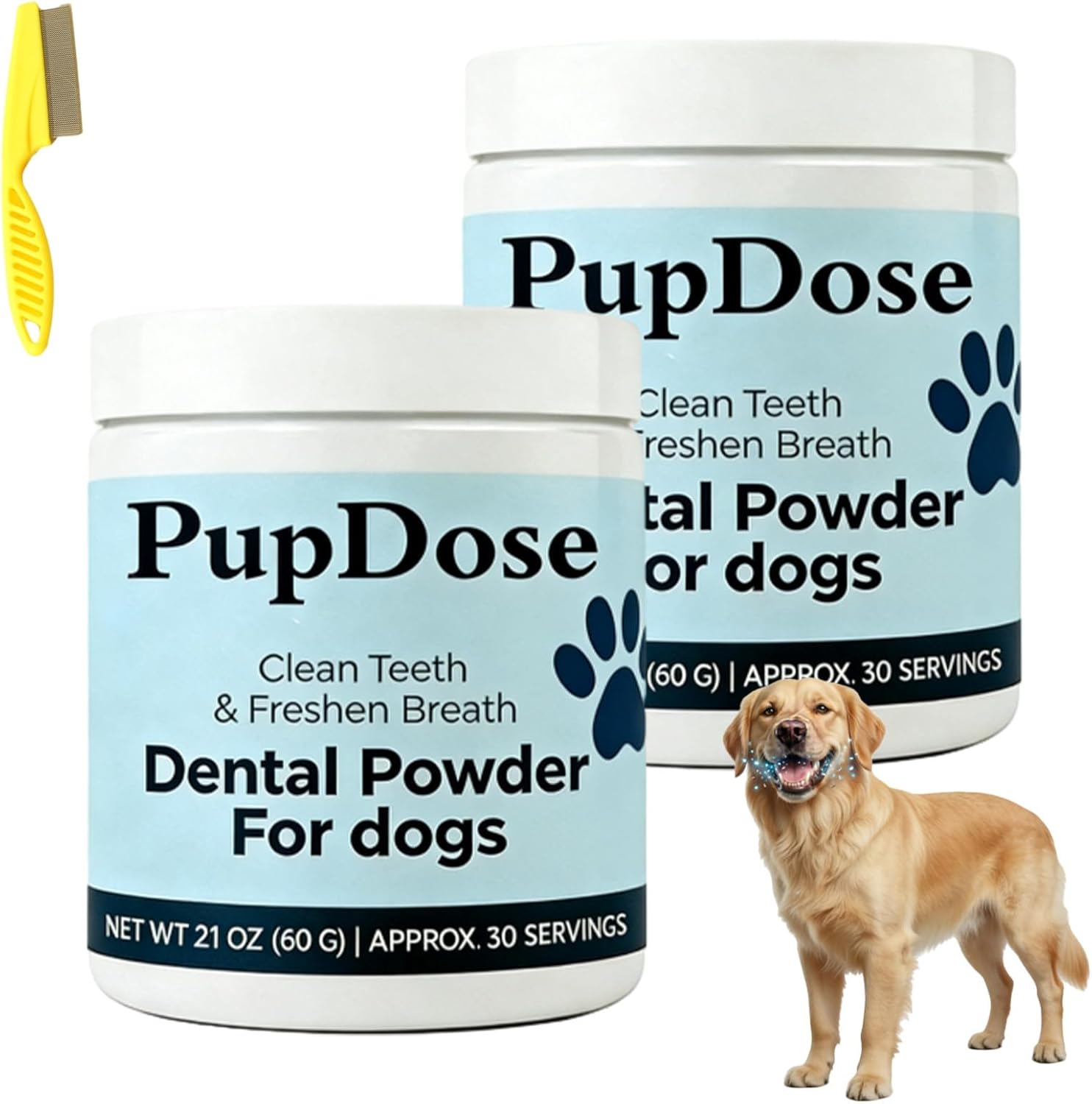PupDose Dental Powder for Dogs, Teeth Cleaning & Tartar Removal, Fresh Breath Oral Care Supplement for Dogs, Gum Health Support, Easy Mix Food Dental Care for Small Medium Large Dogs (2 Pcs)