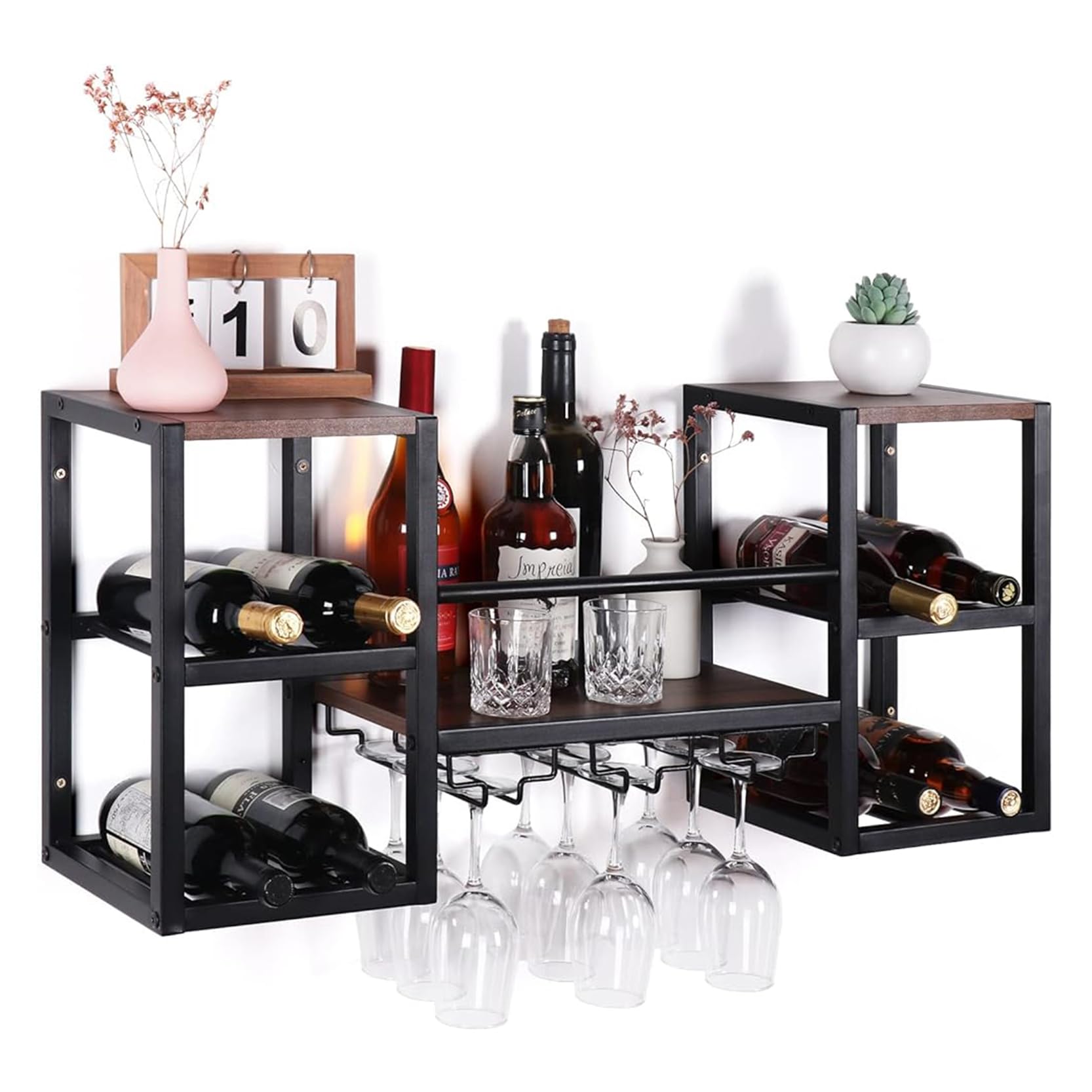 Étagère à vin murale industrielle avec porte-verres pour bouteilles de bar et maison
