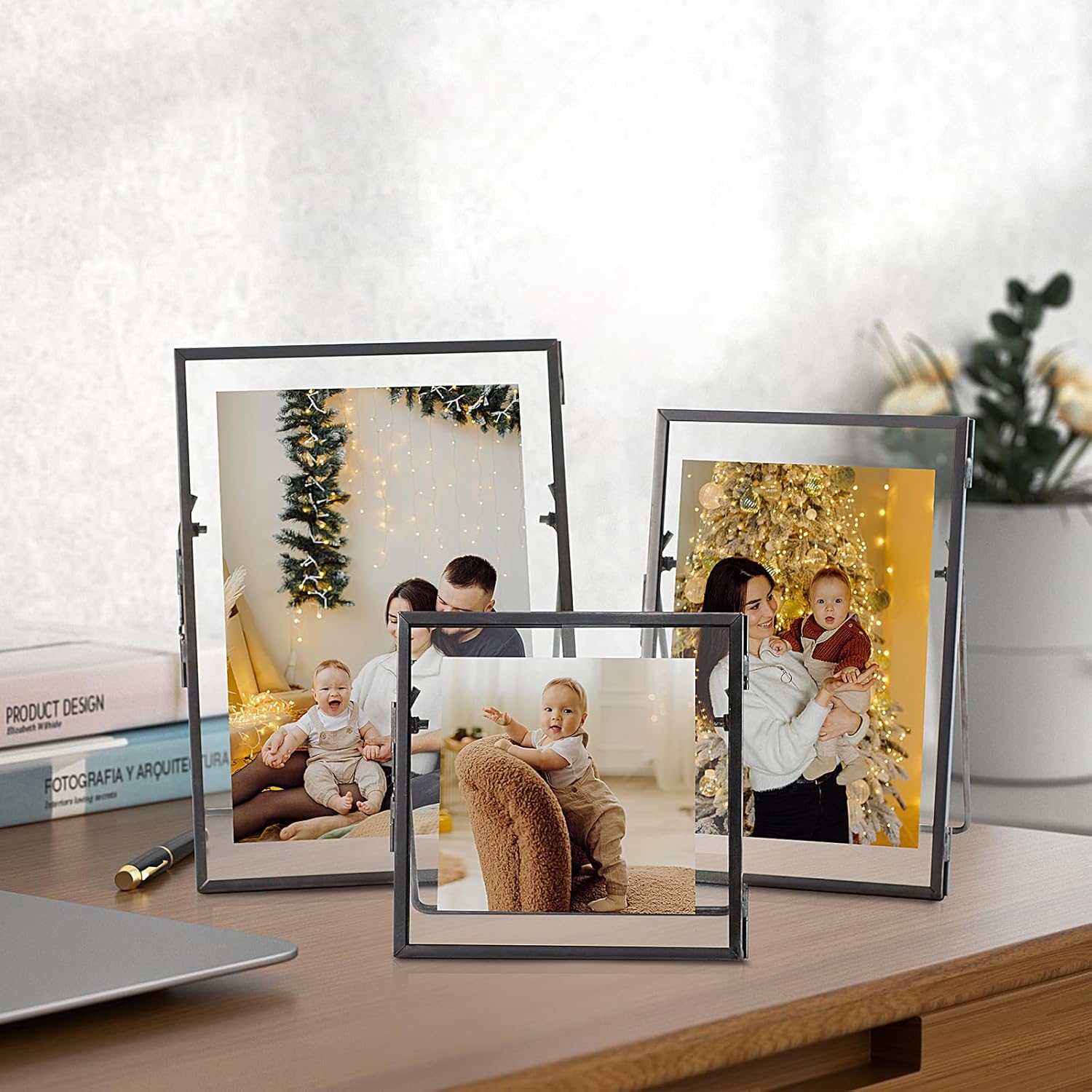 Set of 3 Glass Pressed Flowers Frame, Vintage Gunmetal Gray Floating Picture Frames Collection 4"x4", 4"x6", 5"x7" Metal Tabletop Standing Glass Floating Picture Frame Home Decor Artwork Photo Display