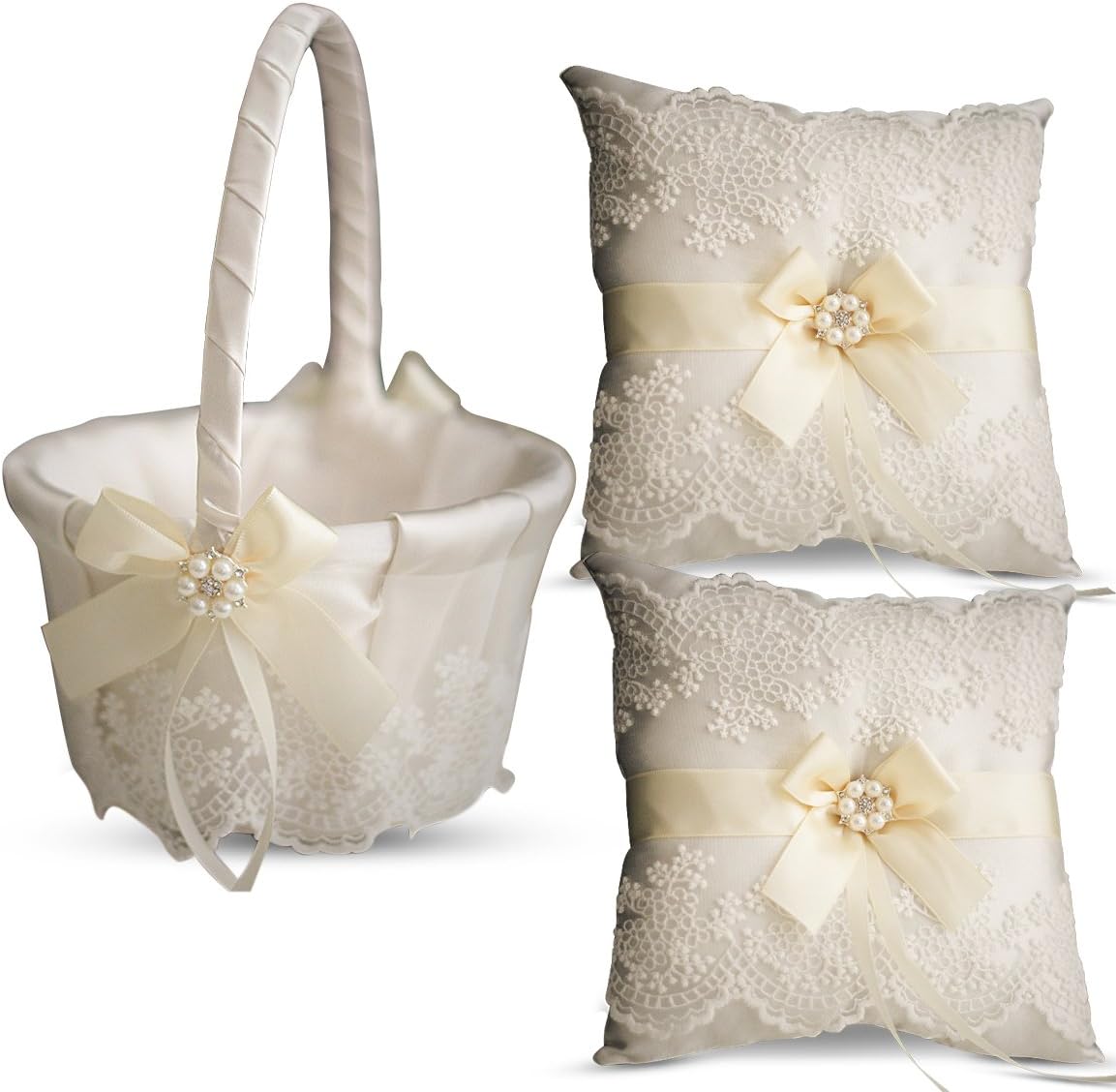 Ivory Ring Bearer Pillow and Basket Set | Lace Collection | Flower Girl & Welcome Basket for Guest | Handmade Wedding Baskets & Pillows (Ivory)