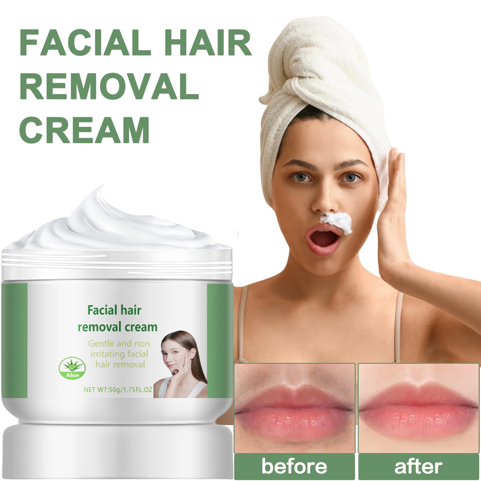 Crema depilatoria facial y crema de depilación corporal para mujeres, removedor de aloe vera para labio superior y barbilla, removedor de vello facial para piel sensible corporal, suave y no irritante 2