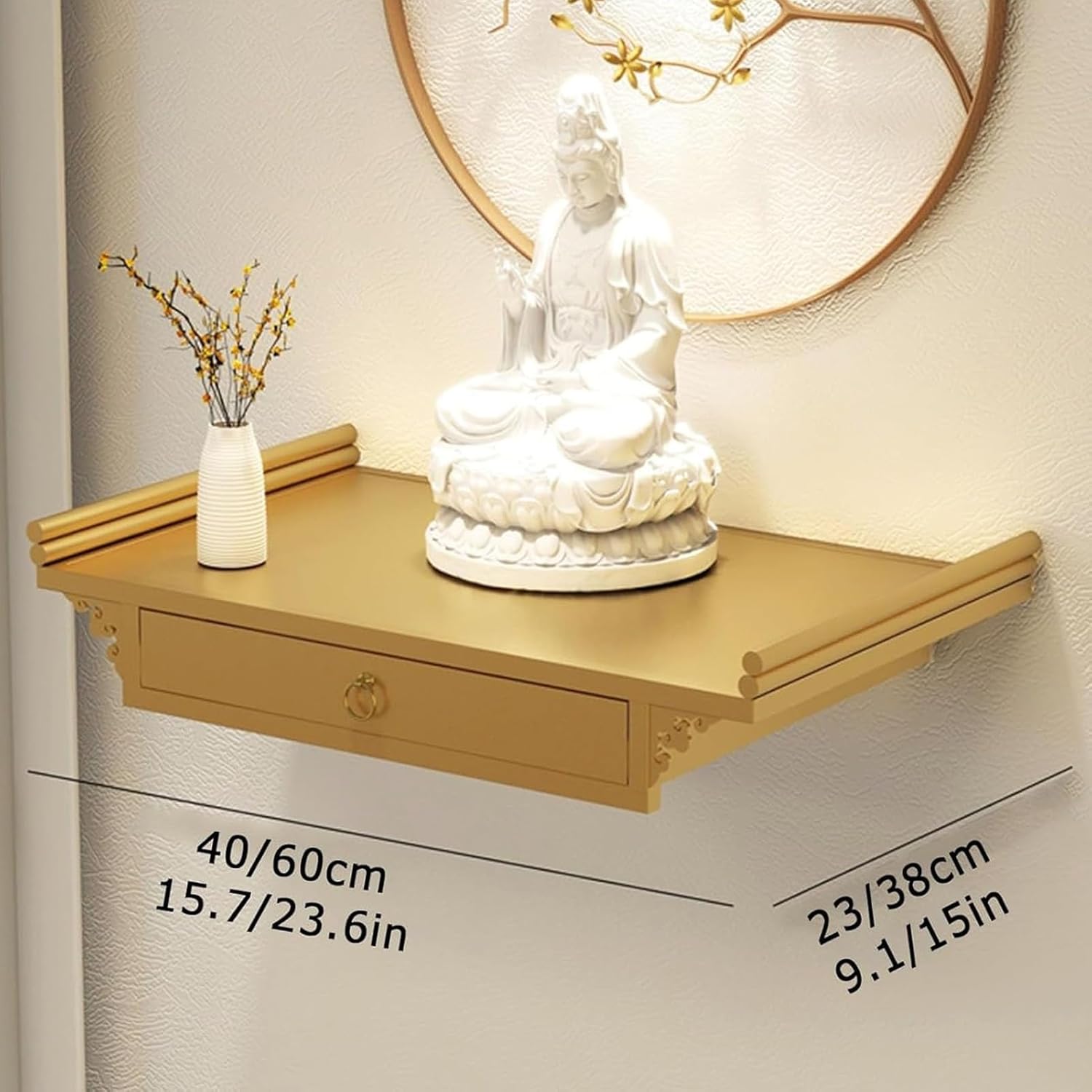 Wall-Mounted Shrine Altar Table, Buddha Statue Stand Offering Table, Metal Meditation Tables, Buddhist Prayer Tables with Retractable Shelf for Small Spaces(Gold,40x23cm/15.7x9.1in)