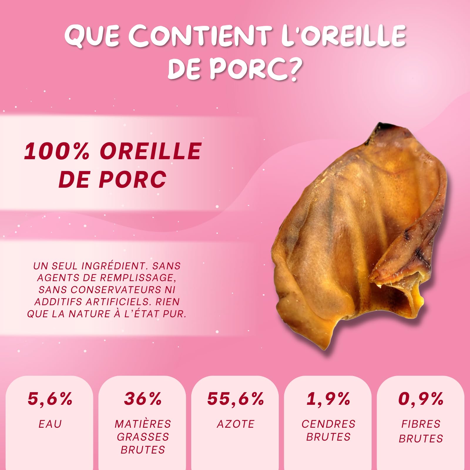 Oreilles de Porc pour Chien – Friandises pour Chien – 100% Naturels sans conservateurs ni additifs – Hygiène Dentaire, Réduction du Stress – Source collagène et protéines – 10 Pièces