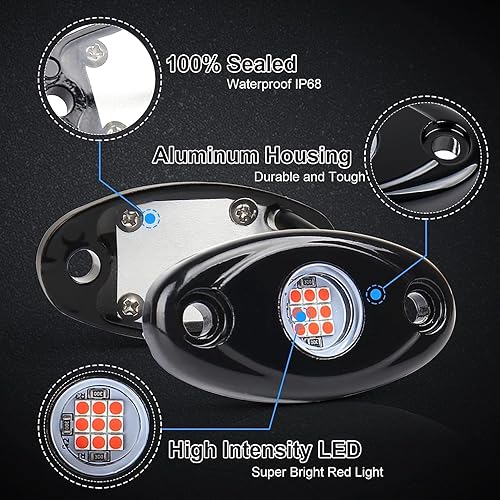 Miniatura 4 de VIVIPART - 4 cápsulas de luces LED de rock, luces de roca rojas impermeables IP68, luces de neón subterráneas compatibles con Jeep, todoterreno,