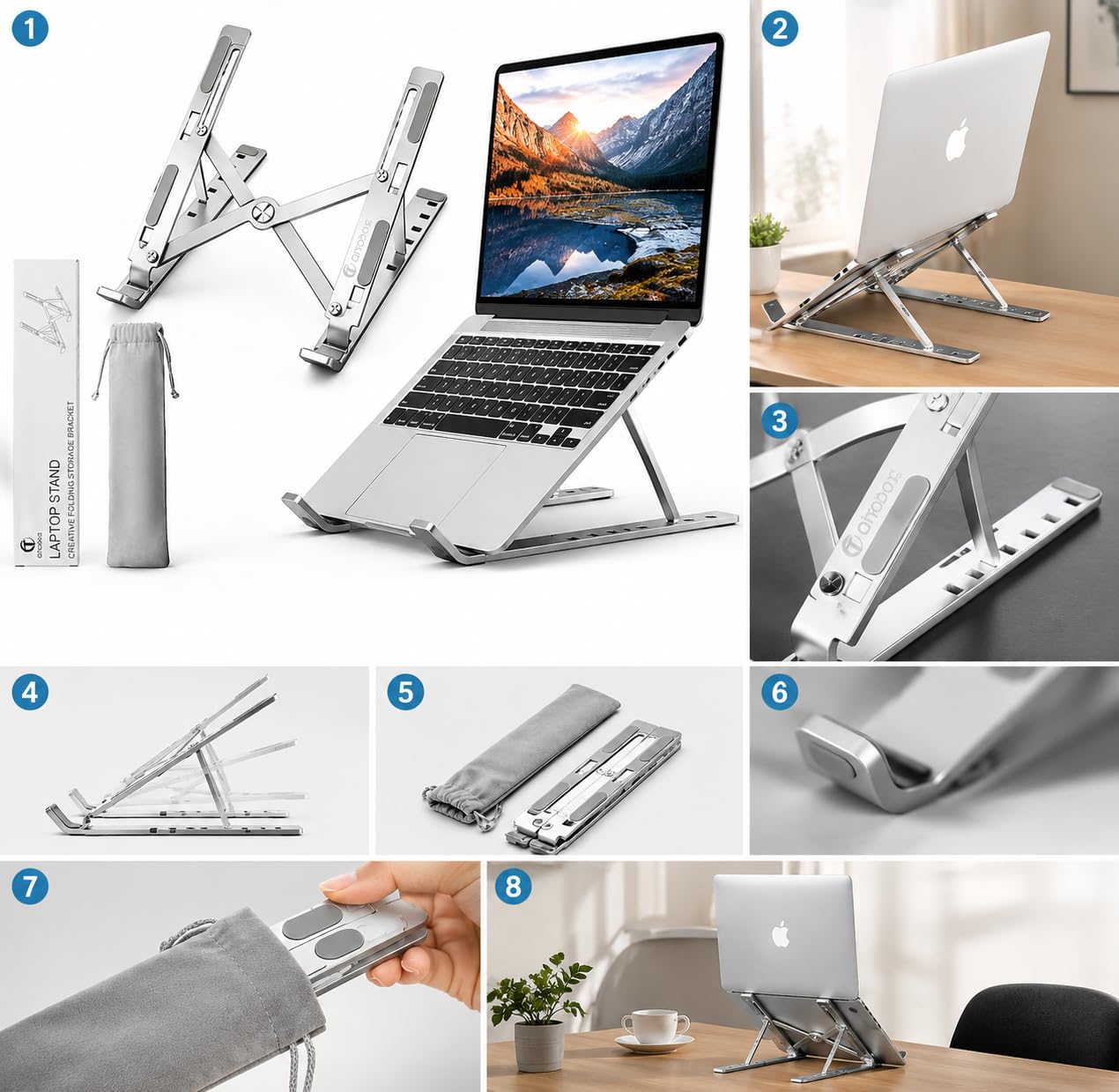Ali Brothers Supporto per Laptop in Alluminio, Pieghevole e Portatile, Regolabile a 7 Livelli, Antiscivolo, Grigio, Finitura Metallica Anodizzata (supporto da laptop)