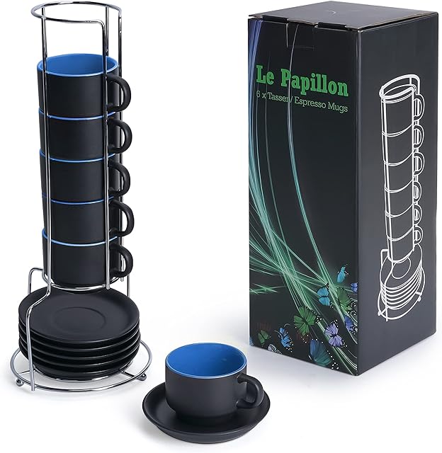 MIAMIO - 6 x 75 ml Stoneware Espresso Mug/Cup Set Outside Black Inside Colourful (Blue)
