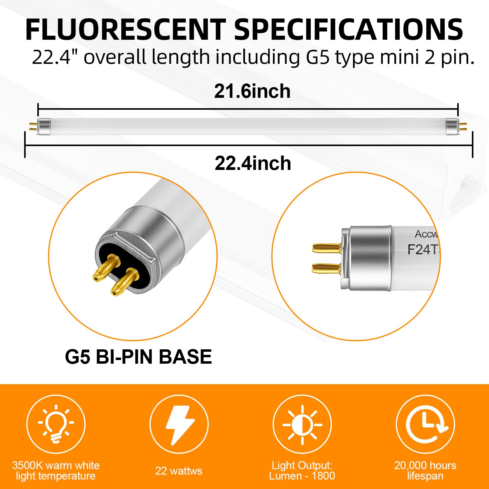 6 Pack F24T5/835/HO Fluorescent Light Bulb, 22 inch T5 Linear Tube 24W 3500K Soft Warm, 1800 Lumens High Output,86 CRI, G5 Mini Bi-Pi Base - image 3