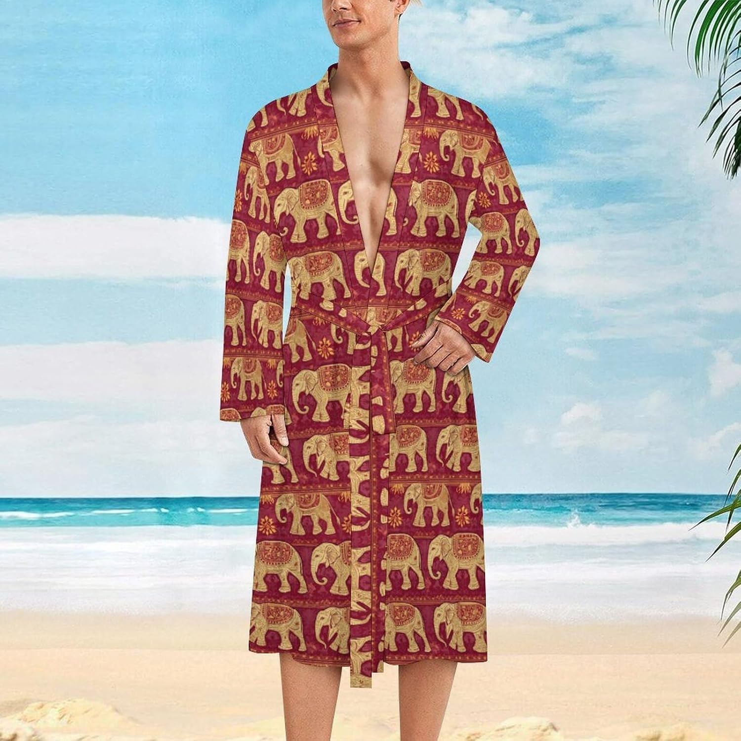 Elephants Indian Pattern Mens Robe Long Bathrobe for Women Bath Robes Lightweight Soft Printed Sleepwear