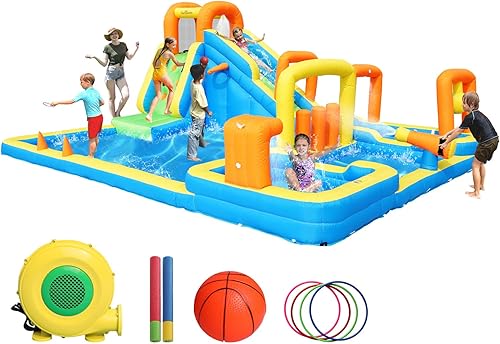 Miniatura 7 de Casa de rebote con doble tobogán – Casa inflable de rebote para interiores, castillo animoso para niños, tobogán acuático, parque acuático inflable,