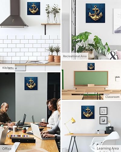 Miniatura 5 de Yellow Anchor Wooden Wall Clock Silent Non Ticking, Navy Blue Nautical Coastal Ocean Theme Square Wall Clock Battery Operated, Decor Clock for Home