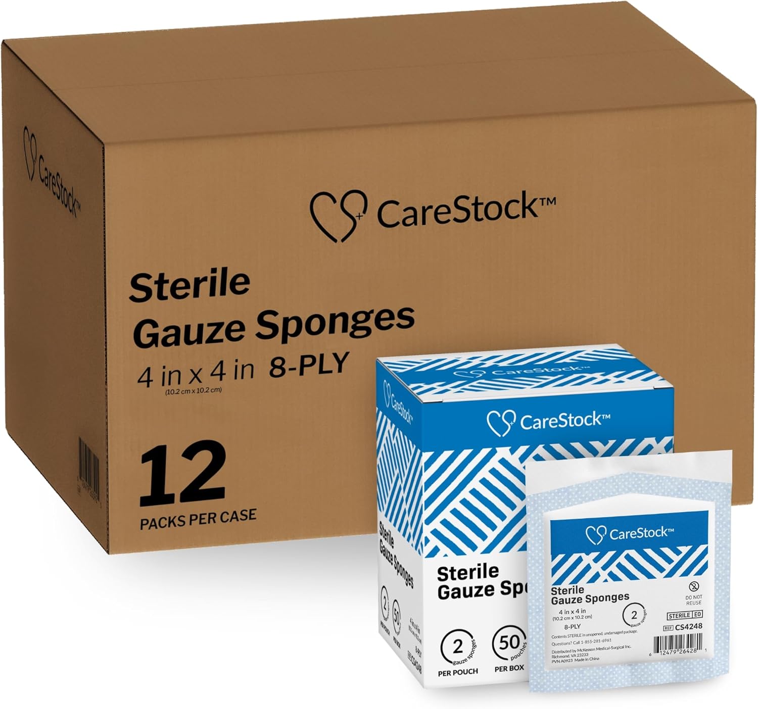 CareStock Gauze Sponge 4x4 [1200 Count] Sterile Gauze Pads, 8-Ply, Medical Grade Cotton Wound Dressing for First Aid Kit – 2 Per Pouch, 600 Packs