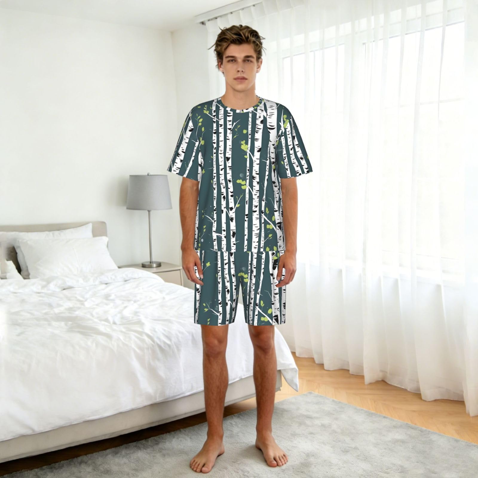 Conjunto de pijama clásico con estampado de árbol de abedul para hombre, pantalones cortos de pijama suaves para hombre, perfecto para las noches de verano
