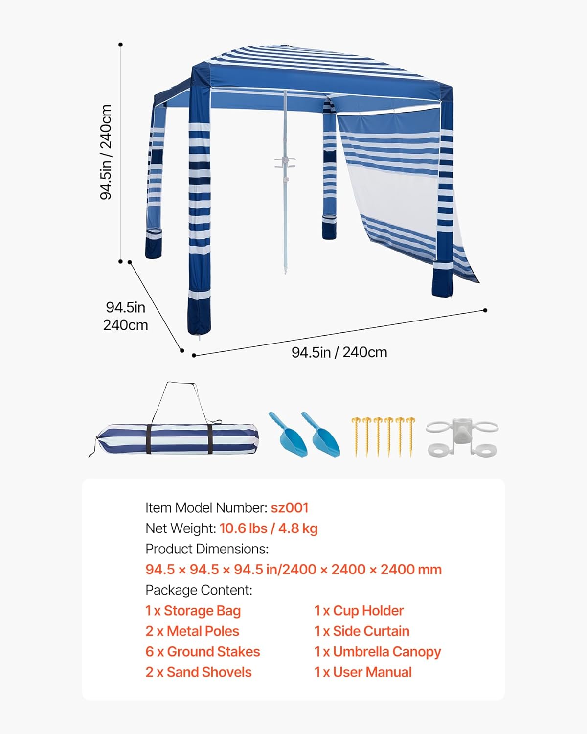 VEVOR Beach Cabana, 8 x 8 ft Beach Canopy with Side Wall, UPF 50+ Protection Easy Setup Cabana Tent with Sand Pockets, Adjustable Height Portable Shade Sun Shelter Umbrella for Family, Navy Stripes