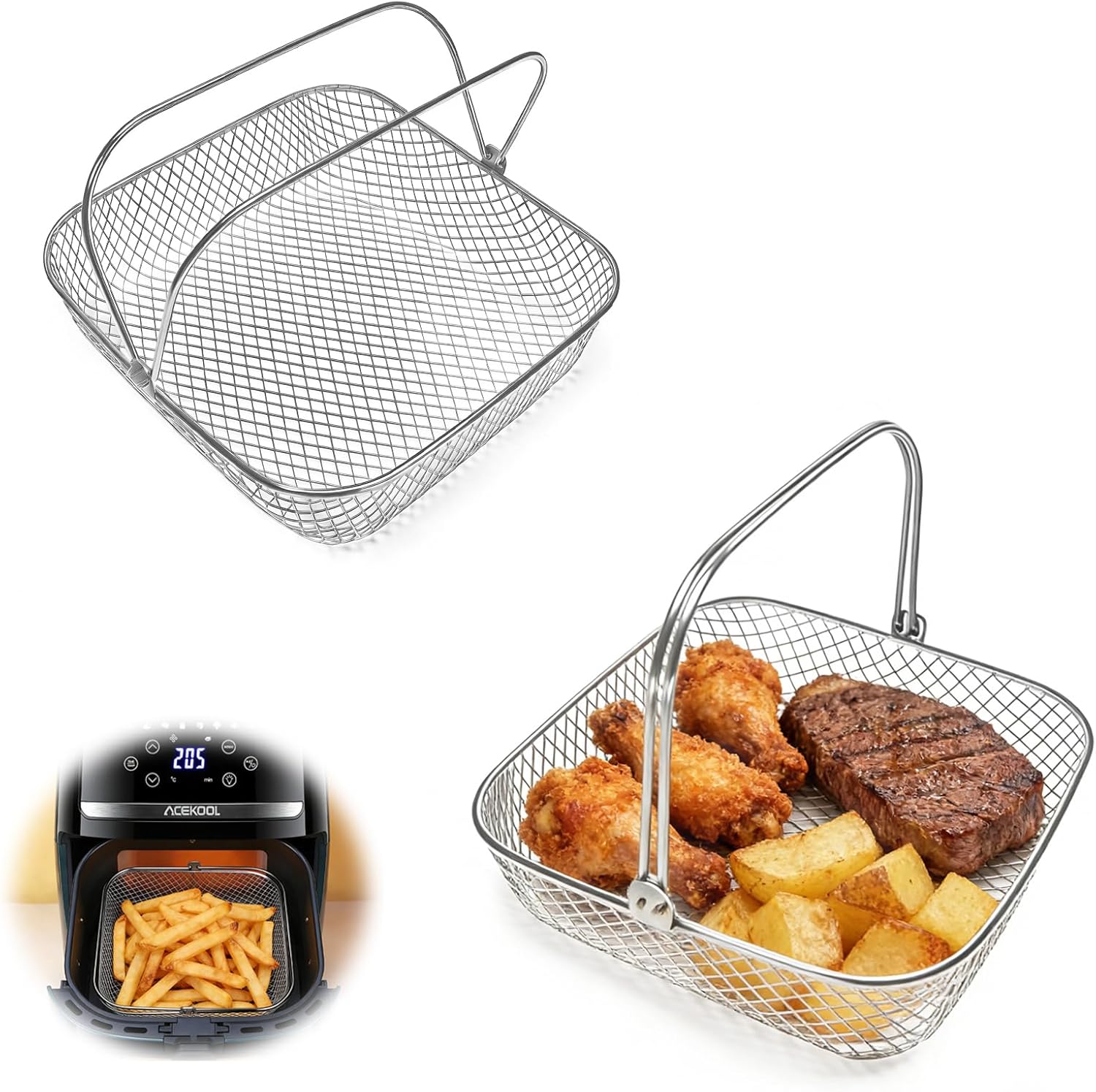 2 PACK Air Fryer Baskets, 8QT Air Fryer Replacement Basket with Handle, 304 Stainless Steel Square Mesh Rack for Crispy Cooking, Baking, Frying, 8 Inch