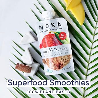 NOKA Superfood Pouches Mango Coconut, 100% Organic Fruit And Veggie Smoothie Squeeze Packs, Non GMO, Gluten Free, Vegan, 5g Plant Protein, 4.2 Oz (Pack of 6)