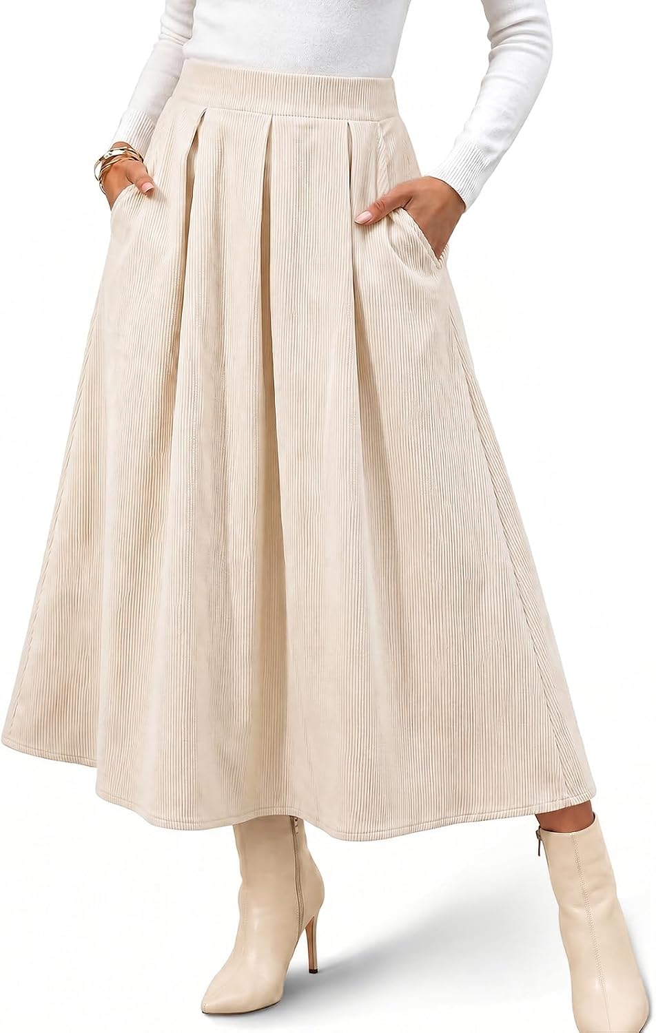 Flowyair Womens Corduroy Maxi Skirts High Waist A-Line Pleated Long Skirt