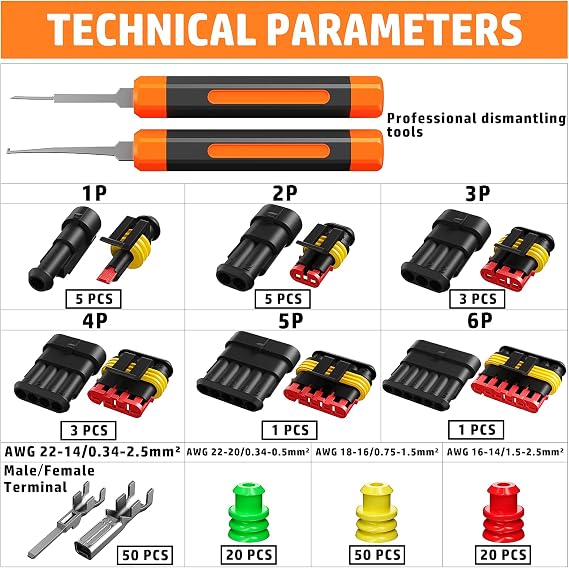 PEBA Waterproof Automotive Connector Crimping Tool Kit, 1-6 Pin 1.5 Series-Style Sealed Electrical Connectors with Crimper & Wire Stripper, for 22-14 AWG Wire, Car, Truck, Marine & Motorcycle Wiring