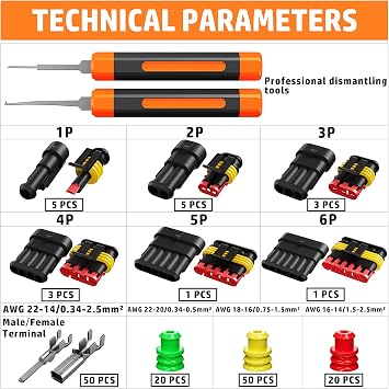 PEBA Waterproof Automotive Connector Crimping Tool Kit, 1-6 Pin 1.5 Series-Style Sealed Electrical Connectors with Crimper & Wire Stripper, for 22-14 AWG Wire, Car, Truck, Marine & Motorcycle Wiring