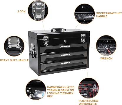 Tool Box with Tool Set (Black 3 Draws with Toolset 439pcs) Mechanics Tool Set Box with tool kit portable Household Heavy Duty Metal Box Tool Cart Storage Cabinet with tool kit