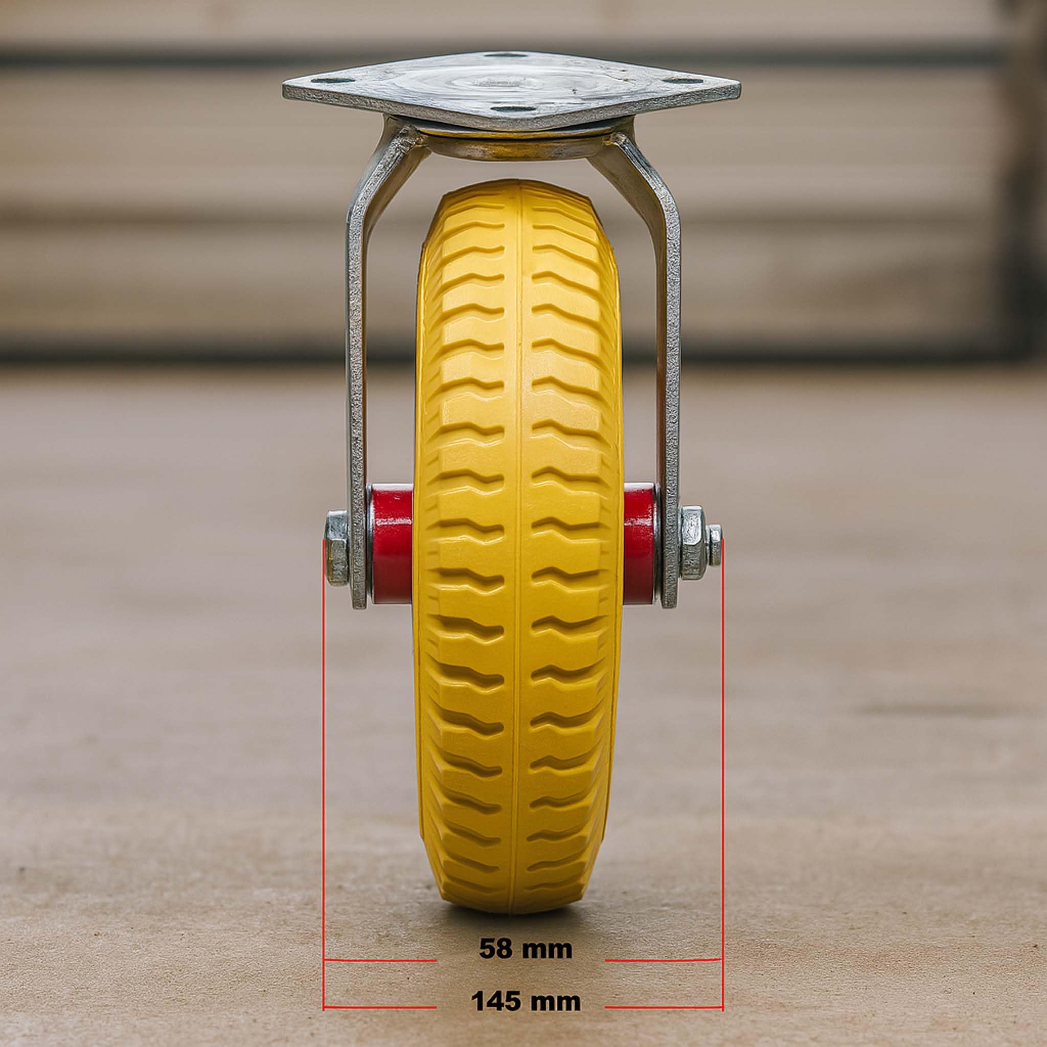 Wiltec Zestaw 4 szt. koła obrotowe PU do 100 kg udźwigu na koło, ø220 mm o szerokości 58 mm, żółte kółka transportowe z płytką mocowania, pełna opona