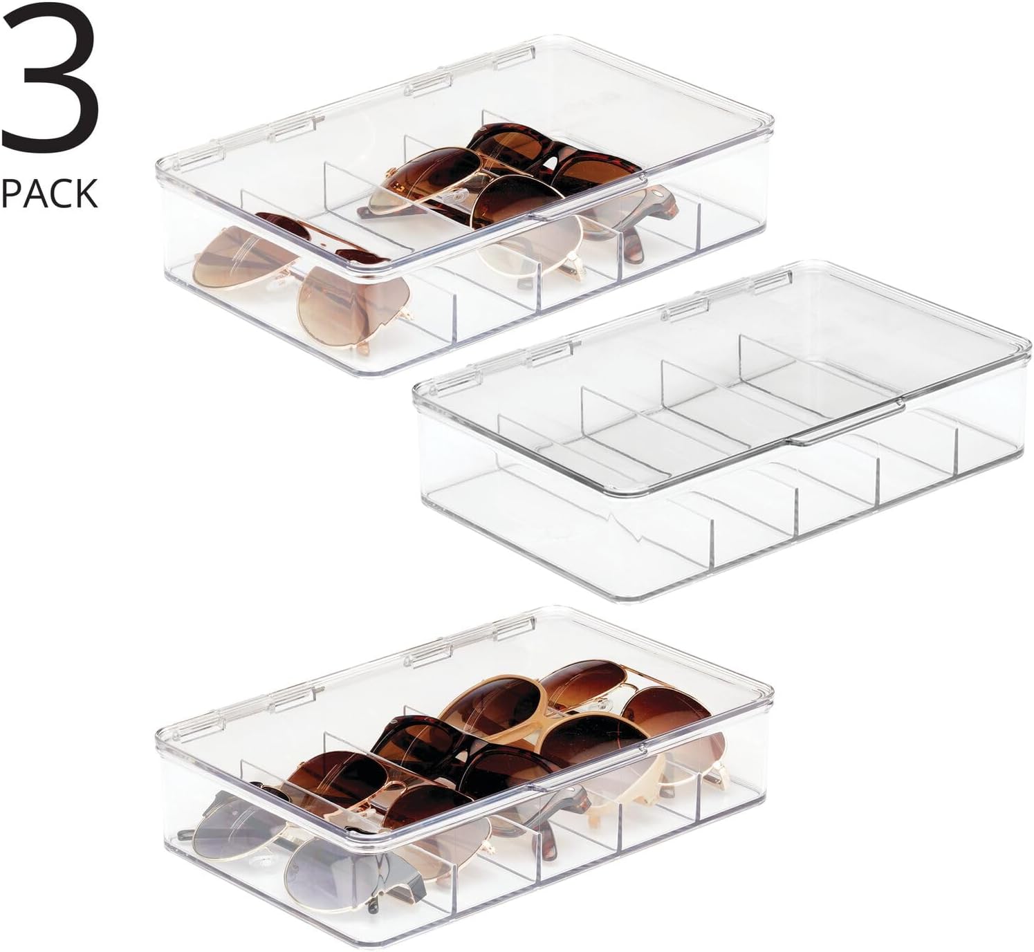 mDesign Plastic Stackable Eyeglass Case Storage Organizer with Hinged Lid for Unisex Sunglasses, Reading Glasses, Fashion Eye Wear, Protective Glasses, 5 Sections, Ligne Collection - 3 Pack - Clear