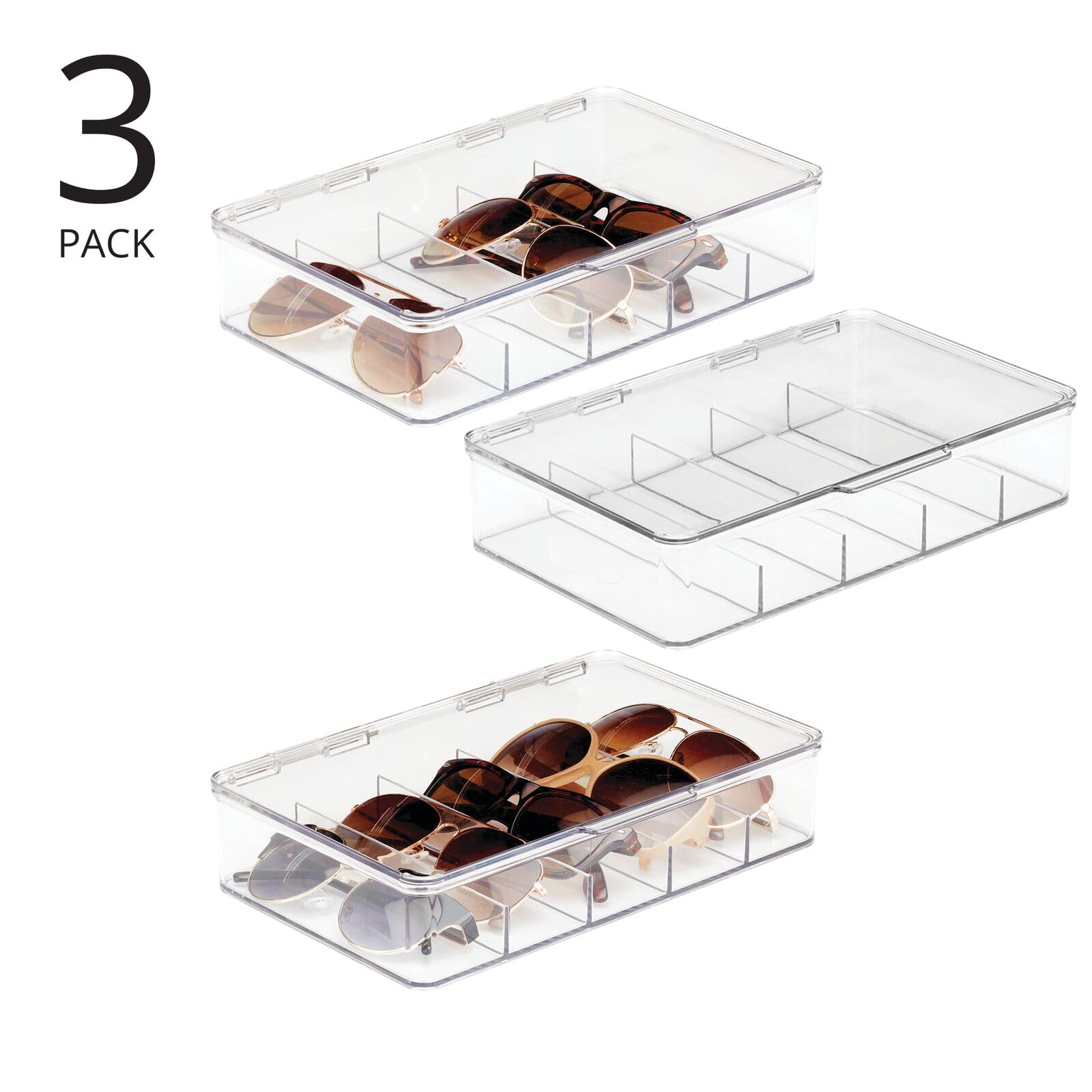 mDesign Aufbewahrungsbox für Brillen – Stapelbox mit 5 Fächern aus Kunststoff – Sortierbox mit Deckel für Sonnenbrillen, Lesebrillen und Sehhilfen – 3er-Set – durchsichtig