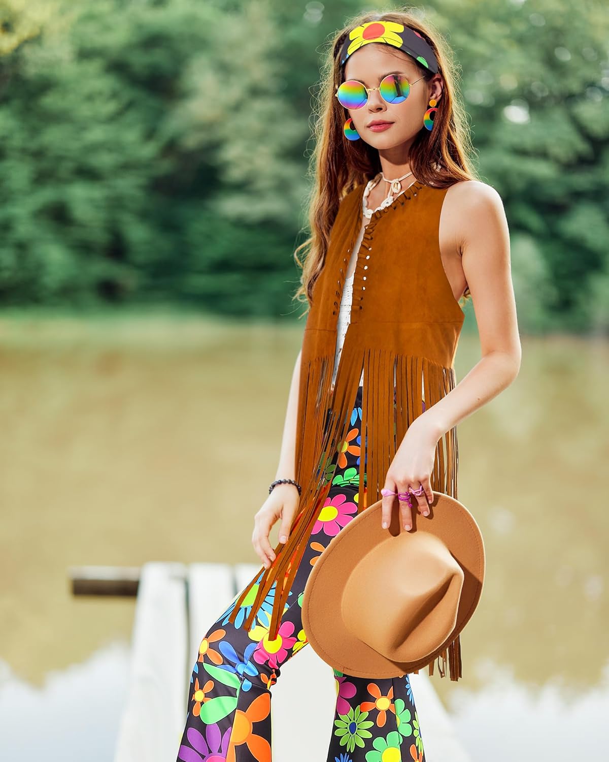 SATINIOR 5 Pcs 60s 70s Outfits for Women Hippie Disco Costume Set Tassel Vest Headband Flared Pants Earring Sunglass - Image 5