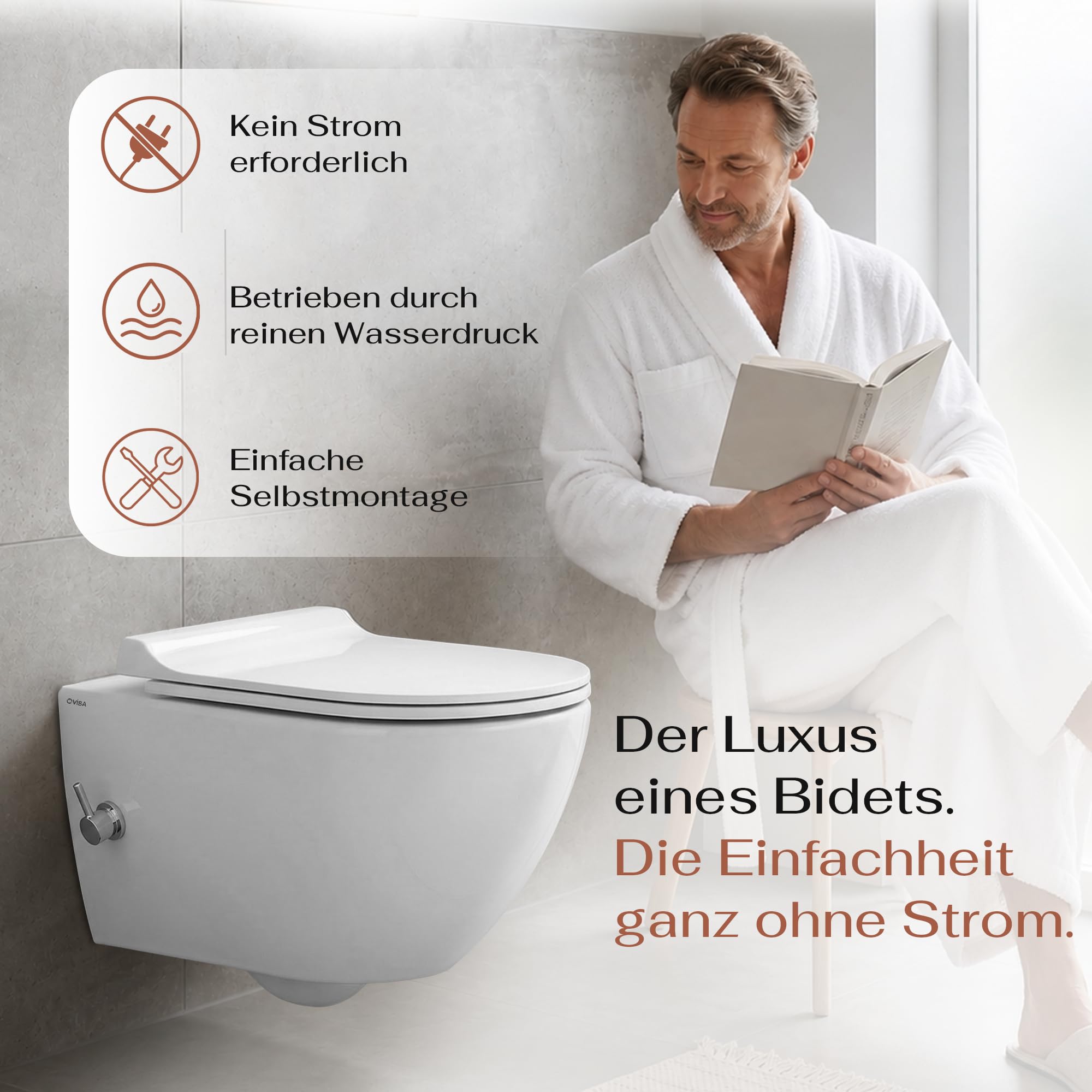 VIBA Sua Hänge Dusch WC integrierte Warm- und Kaltwasser Armatur SPÜLRANDLOS Taharet Bidet Taharat Intimdusche inkl. Slim Soft-Close Deckel