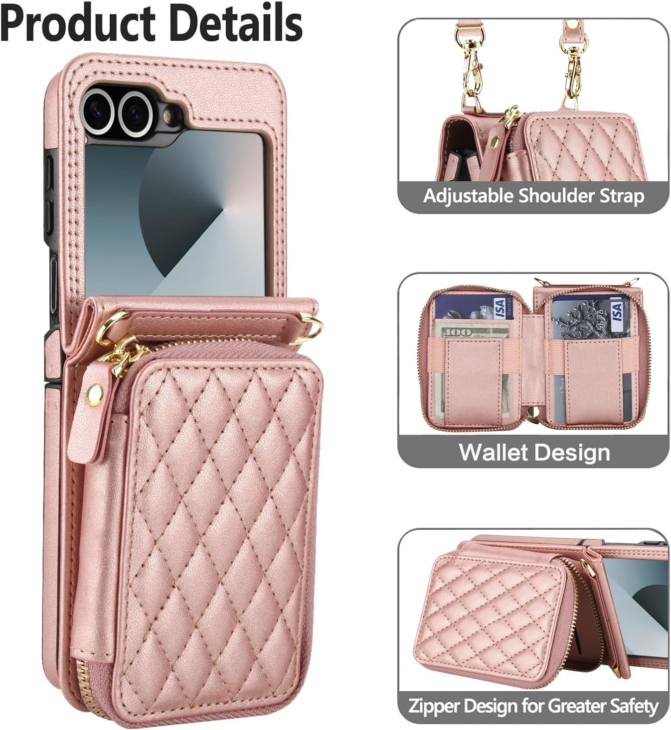 Asuwish Phone Case for Samsung Galaxy Z Flip 6/Z Flip 7 FE 5G Wallet Cell Cover with Wrist Crossbody Strap Stand RFID Blocking Credit Card Holder Slim Slot Z6 G Flip6 ZFlip Flip7 Women Girls Rose Gold