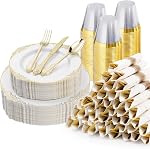Goodluck 350PCS Plastic Dinnerware Set Clear Gold Plastic Plates for 50 Guests, Plastic Plates Set Includes 100 Clear Disposable Plates, 150 Gold Silverware, 50 Cups, 50 Napkins for Party, Wedding