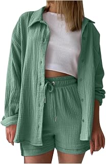 Duohropke Conjunto de dos piezas para mujer, 2 piezas, moda algodón y lino, con solapa, camiseta de manga larga y cintura alta, pantalones cortos, elegante, esthetic, conjunto de dos piezas