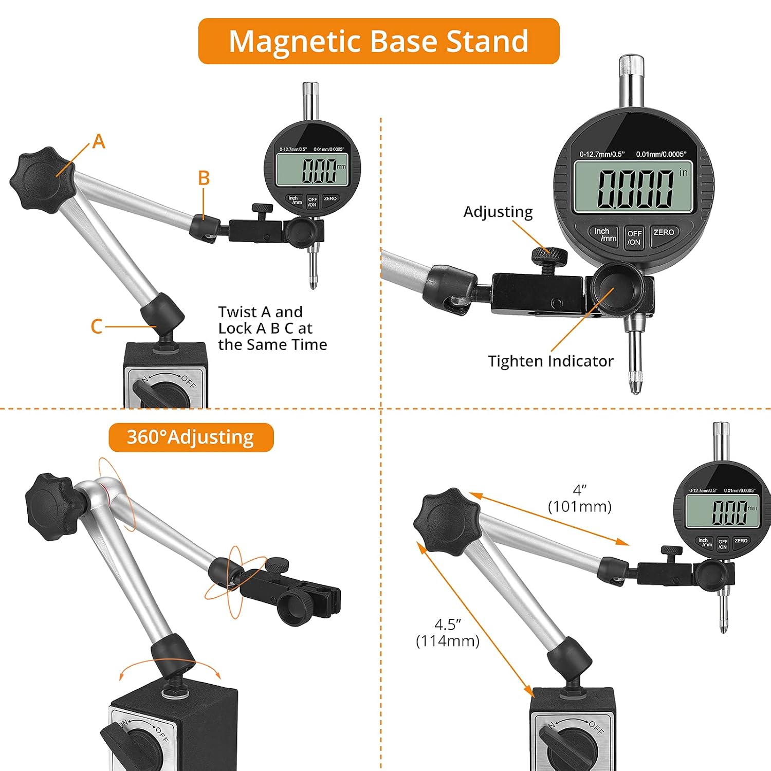 Neoteck Electronic Digital Dial Indicator Gauge and Magnetic Base Set, 0-0.5 inch / 12.7mm, 0.01mm / 0.0005" Inch/Metric Conversion Measuring Tool for 3D Printer Bed Leveling Table Saw