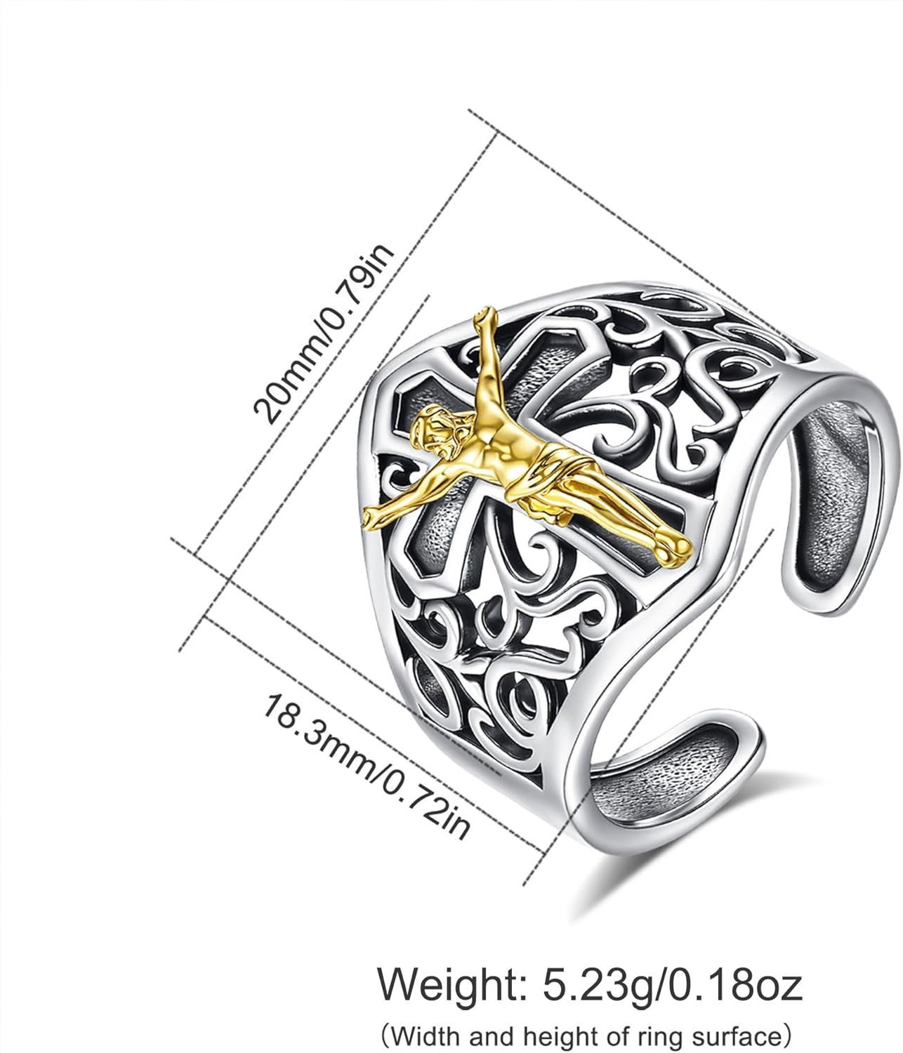 S925 Sterling Silver Crucifix Cross Saint St Benedict Ring for Women Men, Adjustable Open Ring Catholic Protection Faith Christian Jesus San Benito Exorcism Jewelry Gift for Women Men