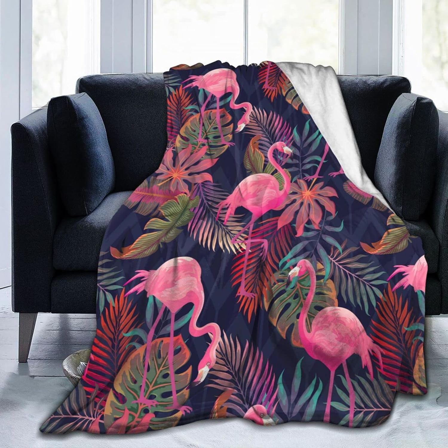 Perinsto Tropical Flamingos Palm Leaves Throw Blanket Ultra Soft Warm All Season Decorative Fleece Blankets for Bed Chair Car Sofa Couch Bedroom 80"