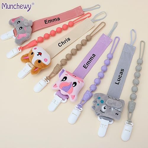 Miniatura 6 de Munchewy Clip personalizado para chupete con nombre, correa personalizable con nombre para niños y niñas, estilos Binkie, mordedores de bebé,