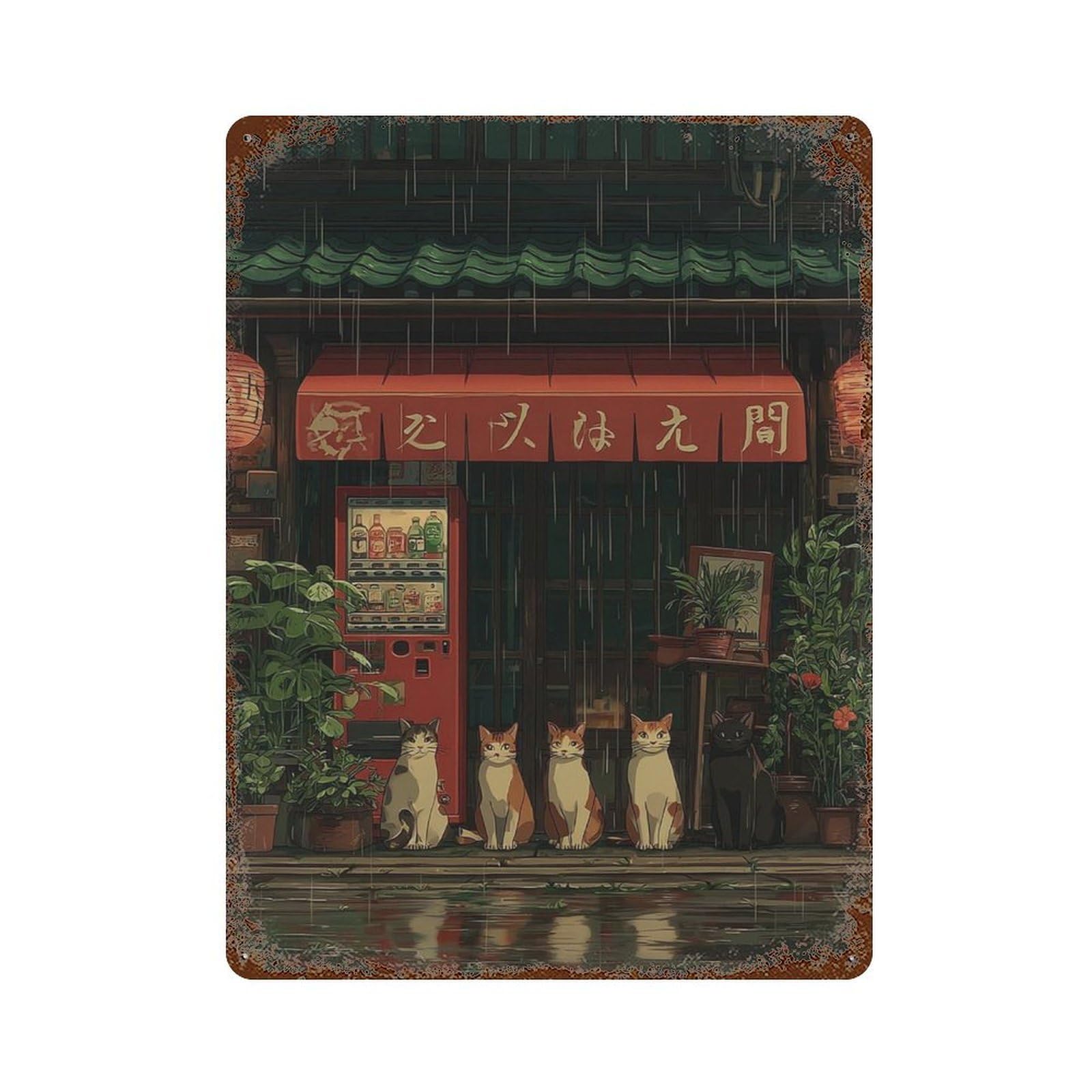 xiaoxiaoshen Cats Under Awning Japanese Street With Cozy Rainy Shop Scene Wall Decor Art Metal Tin Poster Modern Home Decor Art Home Bar Shop Decorations Vintage Sign 40x30cm