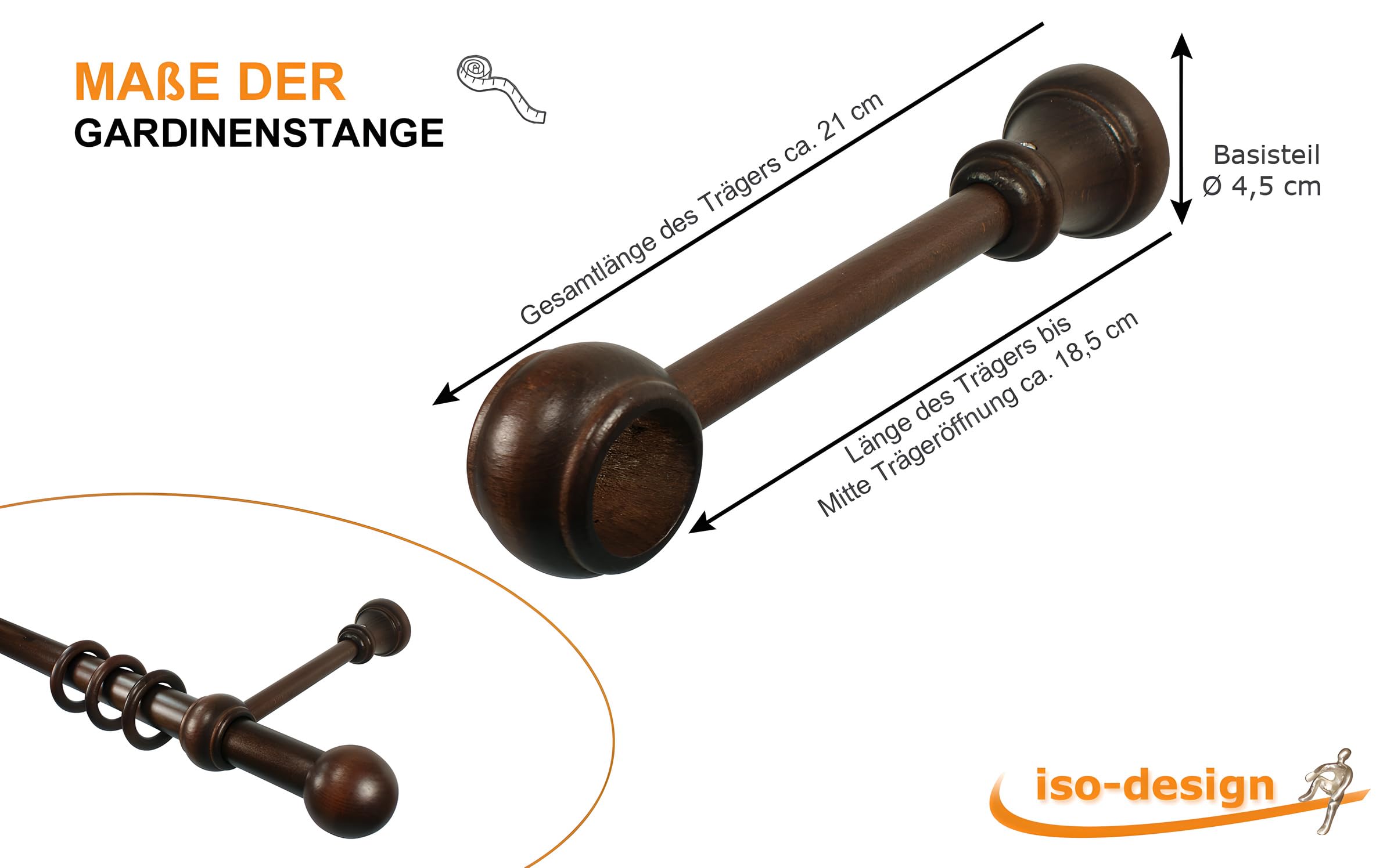 iso-design Gardinenstange aus Holz in Nußbaum mit 28 mm Durchmesser Endstück Kugel, Wand- und Deckenmontage möglich 240 cm (mittig geteilt)